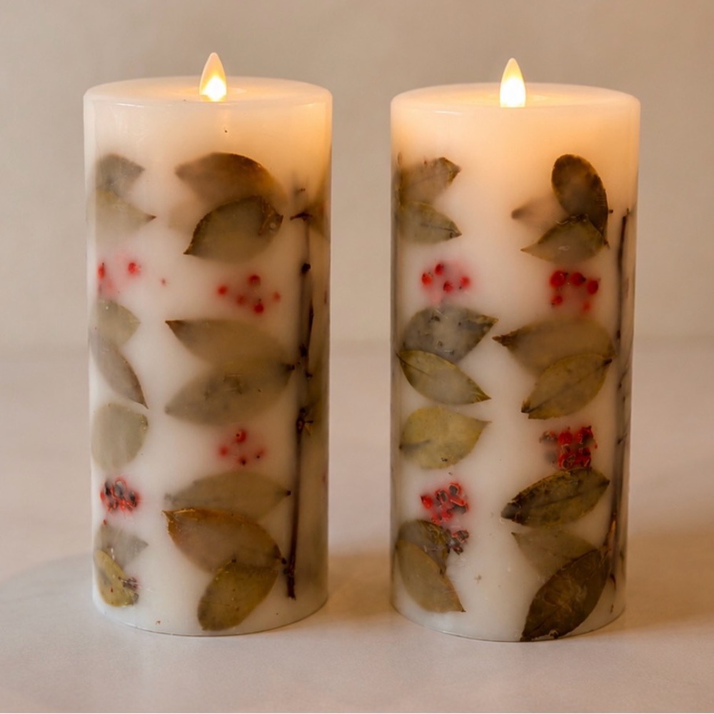 Botanical Pillar Candle with Green Leaves and Red Berries- LED Battery Operated